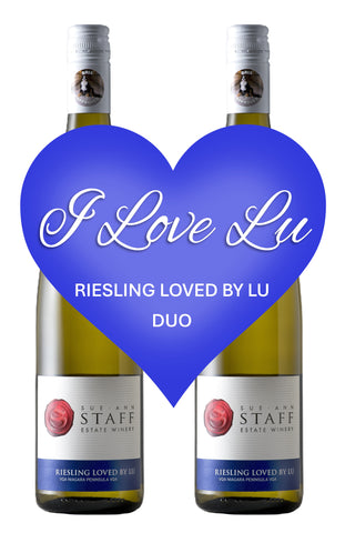 COLLAGE OF TWO BOTTLES OF RIESLING WITH A BLUE HEART OVER TOP, with text I LOVE LU RIESLING LOVED BY LU DUO in white